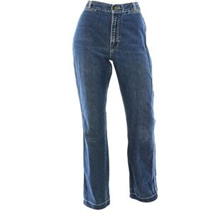 70s Vintage Flare Leg Jeans Womens M 8 Long Raw Hem Western Bell Bottoms Hippie